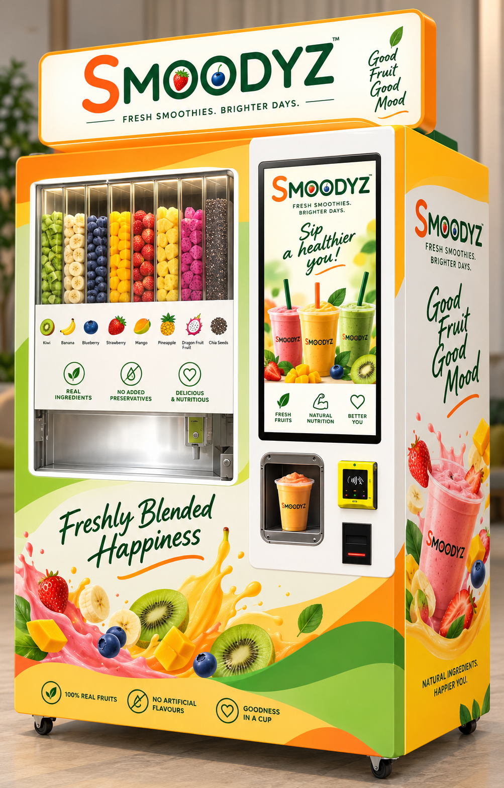 The official orange, green and cream SMOODYZ self-serve smoothie machine