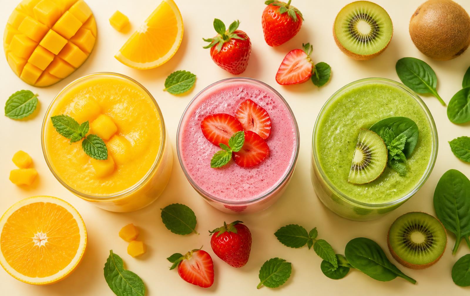 Three freshly blended smoothies surrounded by fruit